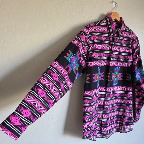 Wrangler Vintage 90's Men's Western Shirt Pink/Blk Southwestern Aztec Cowboy Cut - Picture 6 of 10